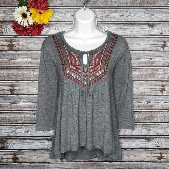 Hollister Tops - Hollister | Grey Beaded & Embroidered ¾ Sleeve Top